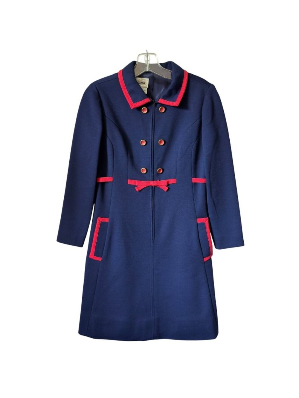 Vintage Rona Coat Dress Medium Worsted Wool Acetate Navy Blue w Red Trim As Is